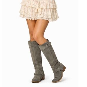 All Saints Grey Genuine Leather Tall Riding Western Boots Buckle Zip 41 11